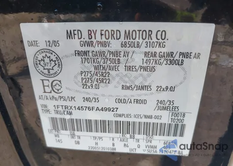 2006 Ford F-150 Fx4/Lariat/Xl/Xlt from USA, damaged, VIN 1FTRX14576FA49927